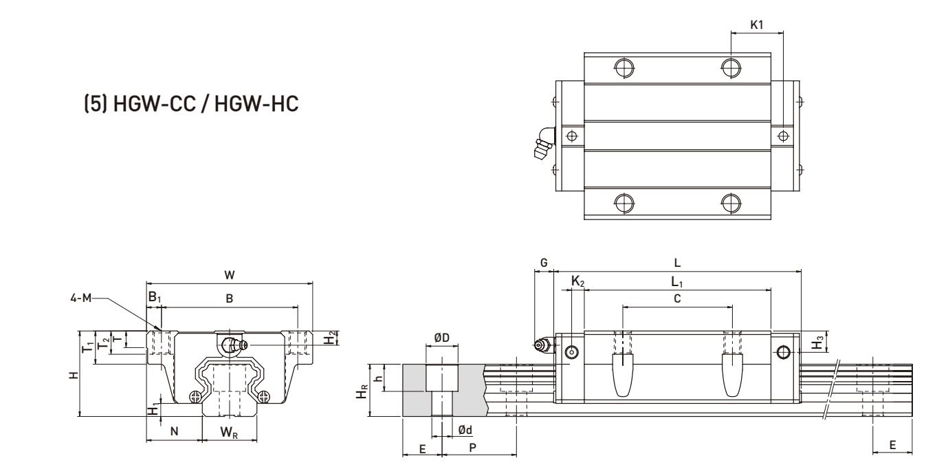 Размерный чертёж HIWIN HGW-CC и HGW-HC: ширина W, длина L, высота сборки H, шаги отверстий B и C, размеры рельса